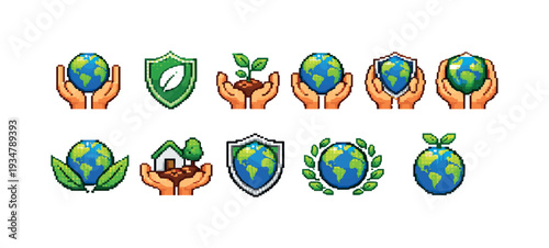 Eco, environment icon set. earth protection icons pixel collection