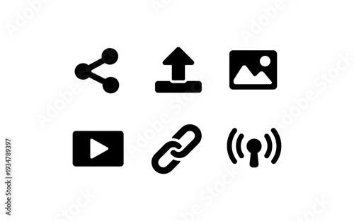 Collection of six essential black interface icons for digital applications and websites