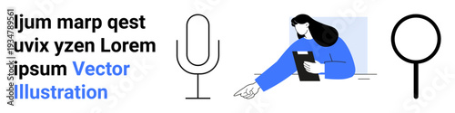 Digital communication, content creation, media analysis, online research, tech support, sound recording. Woman pointing, microphone and magnifying glass . Communication and content creation concept