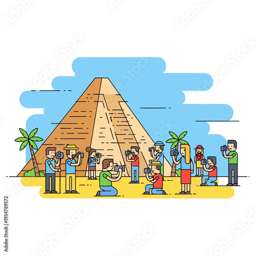 Tourists photograph ancient Egyptian pyramid, desert landscape, palm trees, blue sky