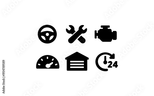 Collection of automotive service icons including steering wheel, tools, engine, speedometer, garage, and clock