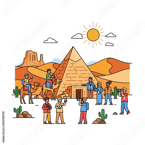 Tourists visit ancient Egyptian pyramid, camel ride, desert landscape, sunny day