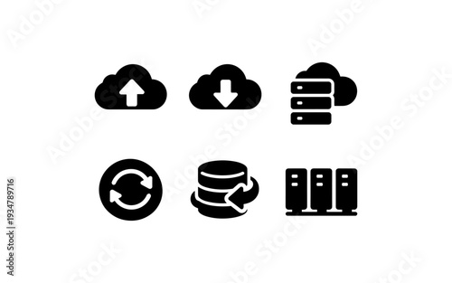 Set of cloud computing and data storage icons including upload, download, and servers