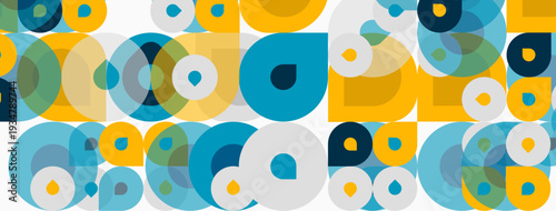 Abstract pattern features overlapping circles. Colors include blue, yellow, green, white. Geometric shapes create dynamic visual texture.