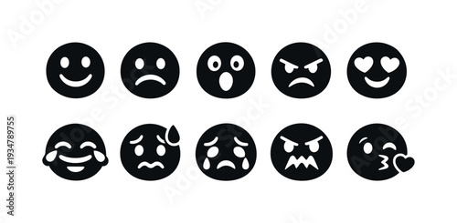Emoji expressions silhouette icon set. smiley faces, emotion symbols silhouette collection