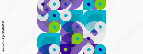 Abstract circles overlap, creating vibrant pattern. Purple, teal, lime hues dominate composition. Modern design element.