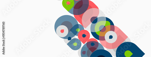 Abstract colorful circles overlap pink rectangle. Modern design, simple shapes, bright hues create dynamic composition.