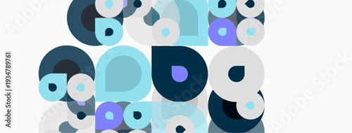 Abstract circles overlap, creating layered visual effect. Blues, grays, whites dominate composition. Minimalist design, modern aesthetic.