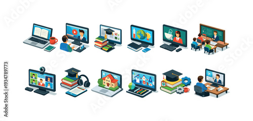 Online education flat icon set. virtual learning, e-learning icons collection.