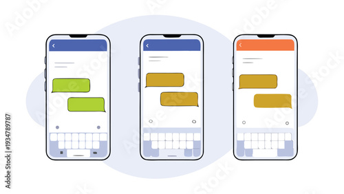 iMessages dual chat interface mockup with bubble conversations keyboard, modern unified messaging layout, messaging experience vector illustration, Modern Mobile Messaging UI with Smartphone Screens