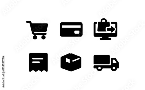 Set of six black icons representing online shopping and delivery services