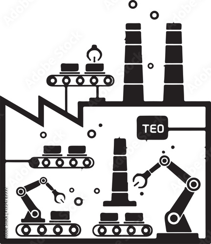 Industrial automation factory with robotic arms and conveyor belts illustration