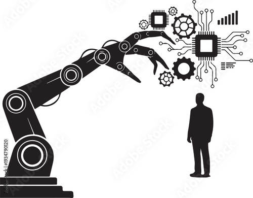 Robotic arm and human worker collaborating with circuitry and machine parts in industrial setting