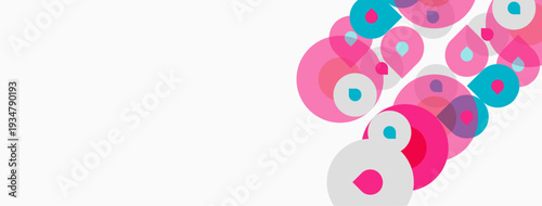 Abstract circles, pinks, teals, whites create dynamic composition. Modern design, simple shapes, clean aesthetic. Background is white.