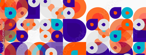 Abstract geometric pattern. Circles, squares overlap creating vibrant colorful composition. Modern design element.