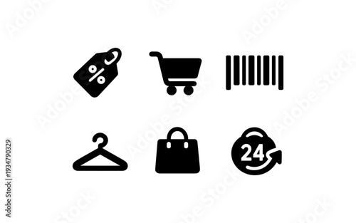 Collection of six black shopping and retail icons on a white background