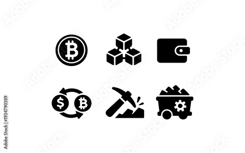 Bitcoin cryptocurrency icons representing mining, exchange, wallet, and blockchain technology