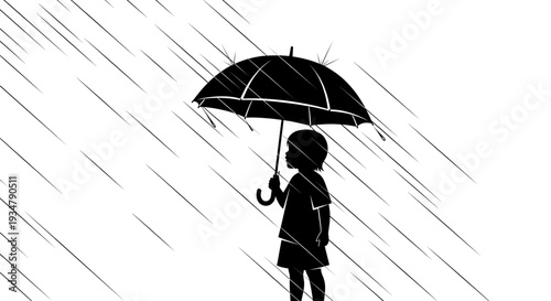 A minimalist vector illustration of a child holding an umbrella on a rainy day
