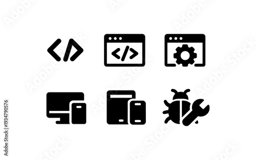 Collection of six black icons representing software development and technology concepts