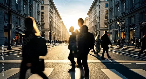Busy urban street with crowds crossing, bathed in golden hour sunlight and long shadows