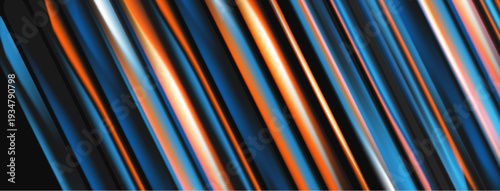 Abstract lines create dynamic visual effect. Blue, orange, silver tones dominate composition. Modern design, sleek presentation.