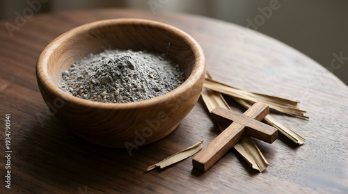 Palm Sunday Advertisement Ash and Cross on Wooden Table Wooden cross with ash bowl Palm Sunday