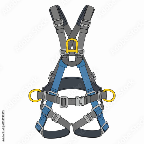 Safety harness illustration in gray and blue tones featuring adjustable straps and metal loops for secure fall protection equipment on white background