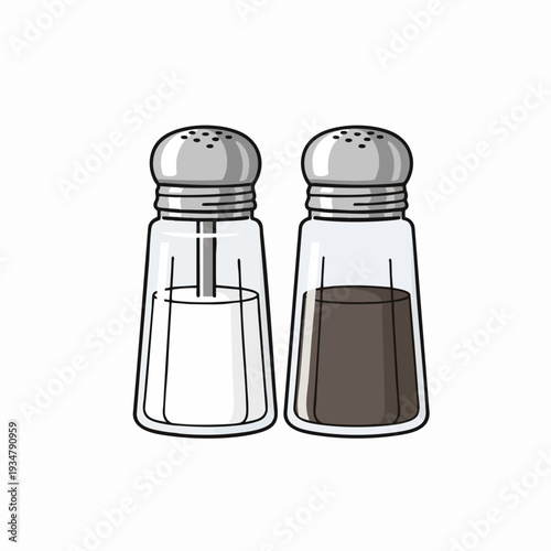 Salt and pepper shakers illustration in minimalist style; condiment dispensers with grey lids for kitchen and restaurant seasoning needs