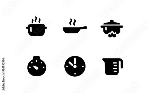 Collection of cooking icons including pots, pans, timers, clocks, and measuring cups
