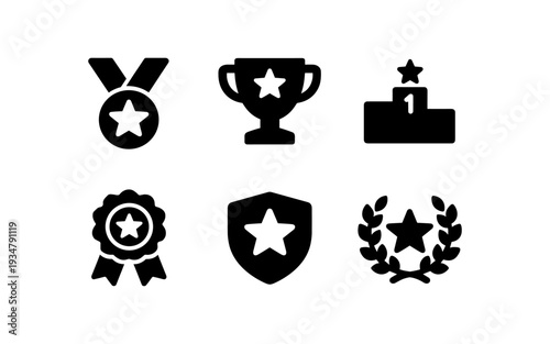Collection of black award icons including medal, trophy, podium, rosette, shield, and laurel wreath