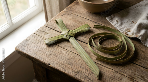 Palm Sunday Advertisement Promotion Palm Leaf Cross on Rustic Wooden Table Palm Sunday Promotion