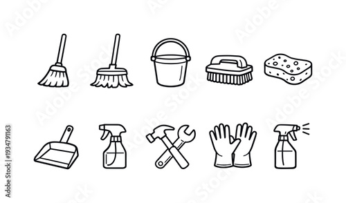 Cleaning tools outline icon set. broom, sponge, bucket, brush, gloves, spray outline icons