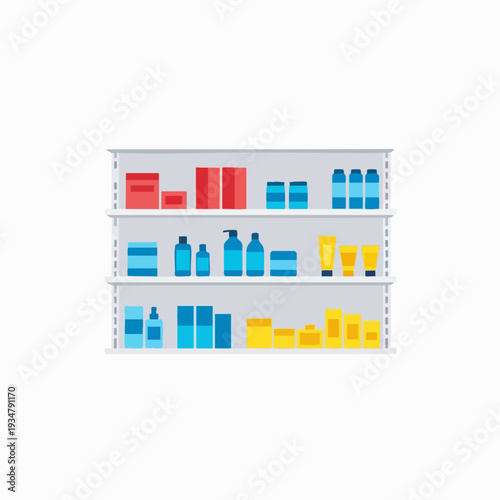 Shelves full of colorful cosmetic and healthcare products minimal flat vector illustration pharmacy merchandise display for retail or drugstore