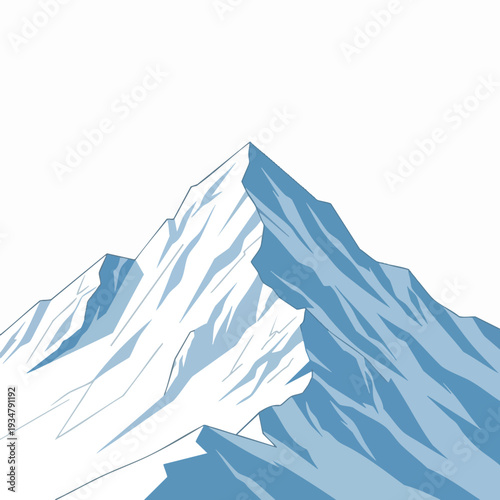 Sharp mountain peak illustration with jagged ridges and snowy texture in shades of blue against a bright white sky; vector graphic