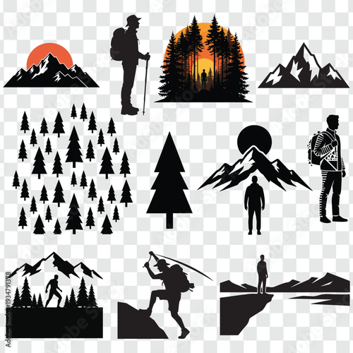 Hiking and Trekking Bundle Mountaineer Silhouettes and Forest Landscapes