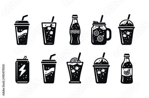 Beverage, drink silhouette icon set. refreshing drinks, soda, juice icon collection