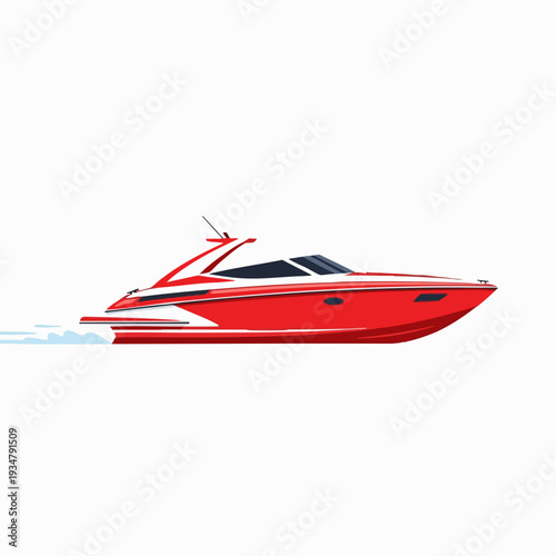 Sleek red speed boat cruising at high speed leaving foamy wake illustration; modern design vibrant color power marine transport