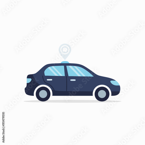 Sleek navy car with GPS location marker on roof in vector style; ride sharing service pinpoint navigation app