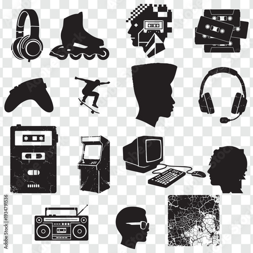 Retro 80s and 90s Lifestyle Vector Bundle, Vintage Tech Silhouettes including Boombox, Cassette Tape, Arcade Machine, Rollerblades, and Hip Hop Culture Icons