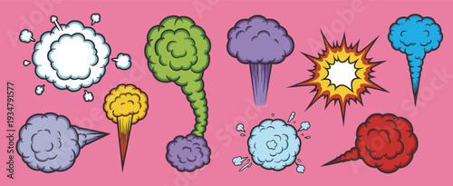 Assortment of Comic Book Style Explosion and Smoke Cloud Illustrations on Pink boom bang