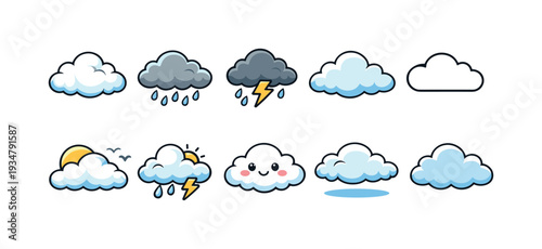 Weather icon set. clouds, rain, and storm icons in filled design for web use