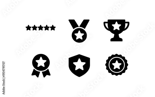 Collection of award and rating icons including stars, trophy, medal, and badge