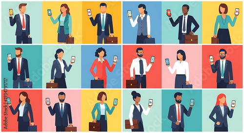 A colorful vector graphic illustration of business people from diverse backgrounds holding smartphones and briefcases in a grid layout