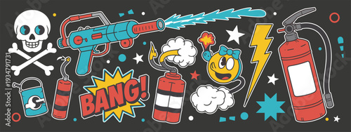 Cartoon Doodle Style Dangerous Elements Skull Dynamite Fire Extinguisher and Bang Explosion