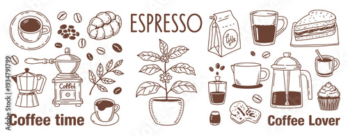Coffee Time and Coffee Lover Doodle Elements with Espresso Machine Beans and Cake