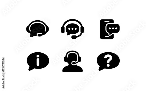 Collection of customer support and communication icons including headsets, chat bubbles, and question marks