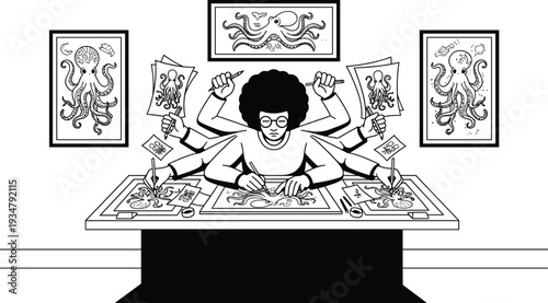 Cartoon artist with multiple arms at desk with framed on wall papers