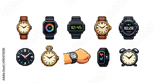 Watches, smartwatch pixel icon set: vintage, modern, digital outline icons collection