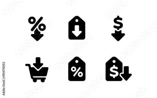 Collection of icons representing discounts, sales, and price reductions on a white background