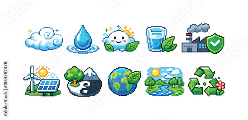 Environmental sustainability pixel art icon set. green, nature, eco-friendly pixel icons.
